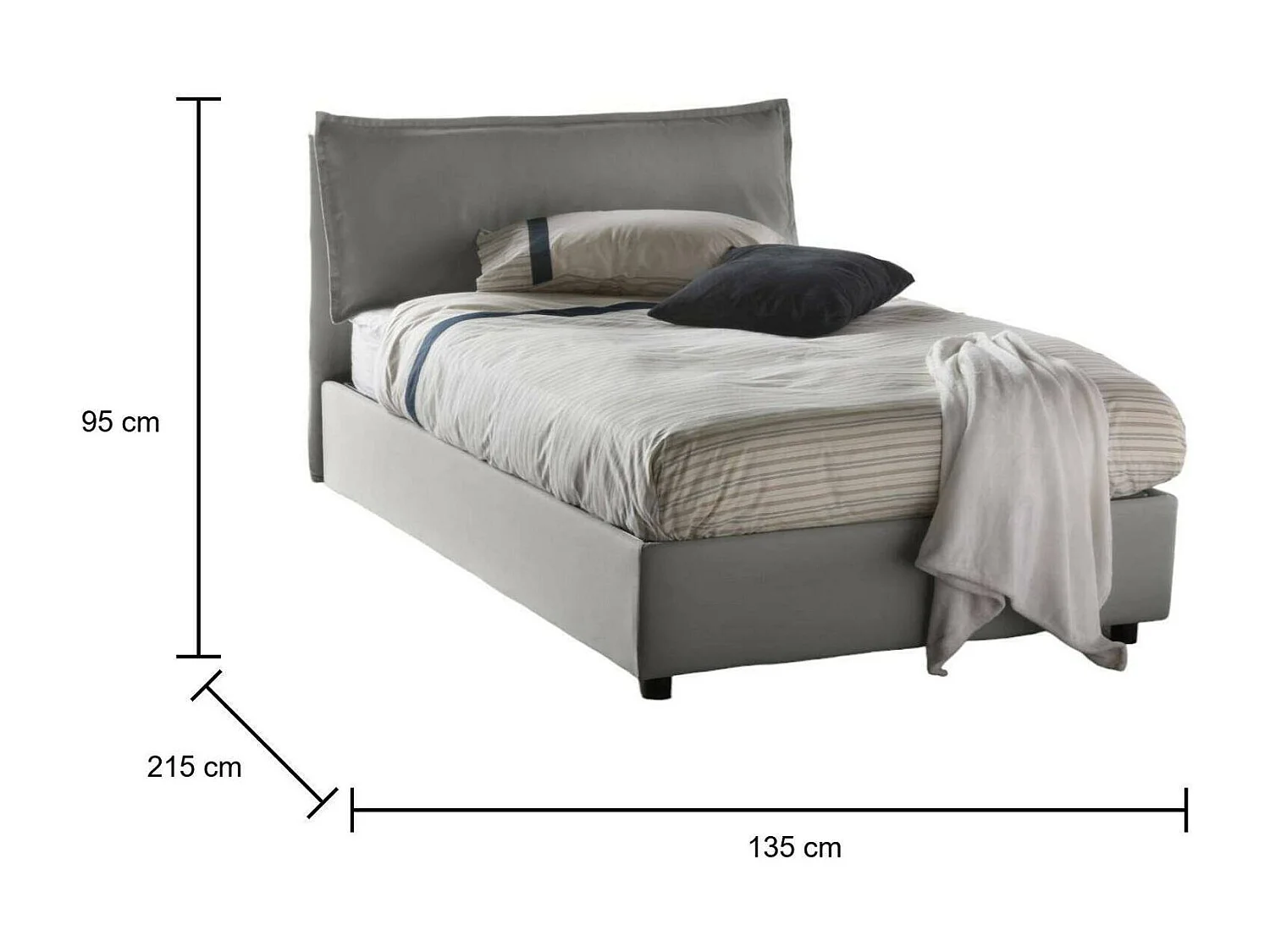 Letto piazza e mezza Agata, Letto contenitore con rivestimento in tessuto, 100% Made in Italy, Apertura frontale, con materasso Cm 120x200 incluso, Grigio