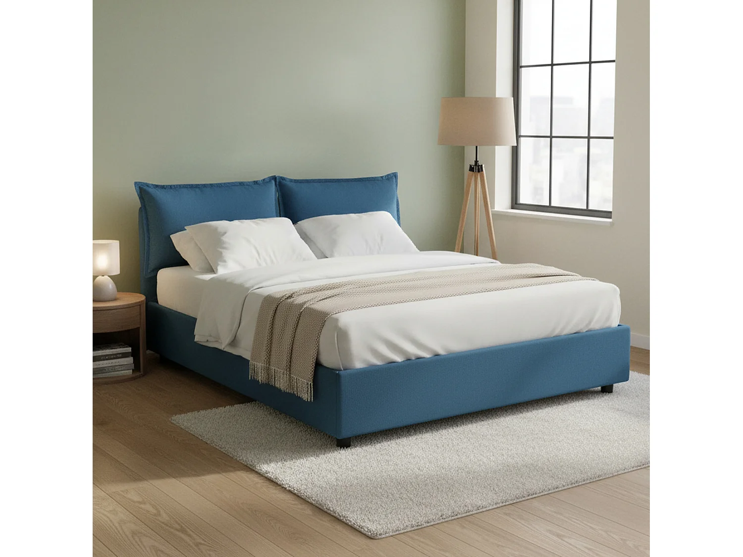 Lit double Agnese, Lit coffre avec revêtement en tissu, 100% Made in Italy, Ouverture frontale, adapté pour matelas 140x190 cm, Bleu
