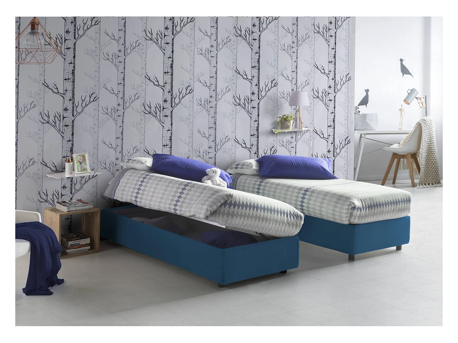Lit double Gaia, Lit coffre avec revêtement en tissu, 100% Made in Italy, Ouverture latérale, avec matelas 120x190 cm inclus, Bleu