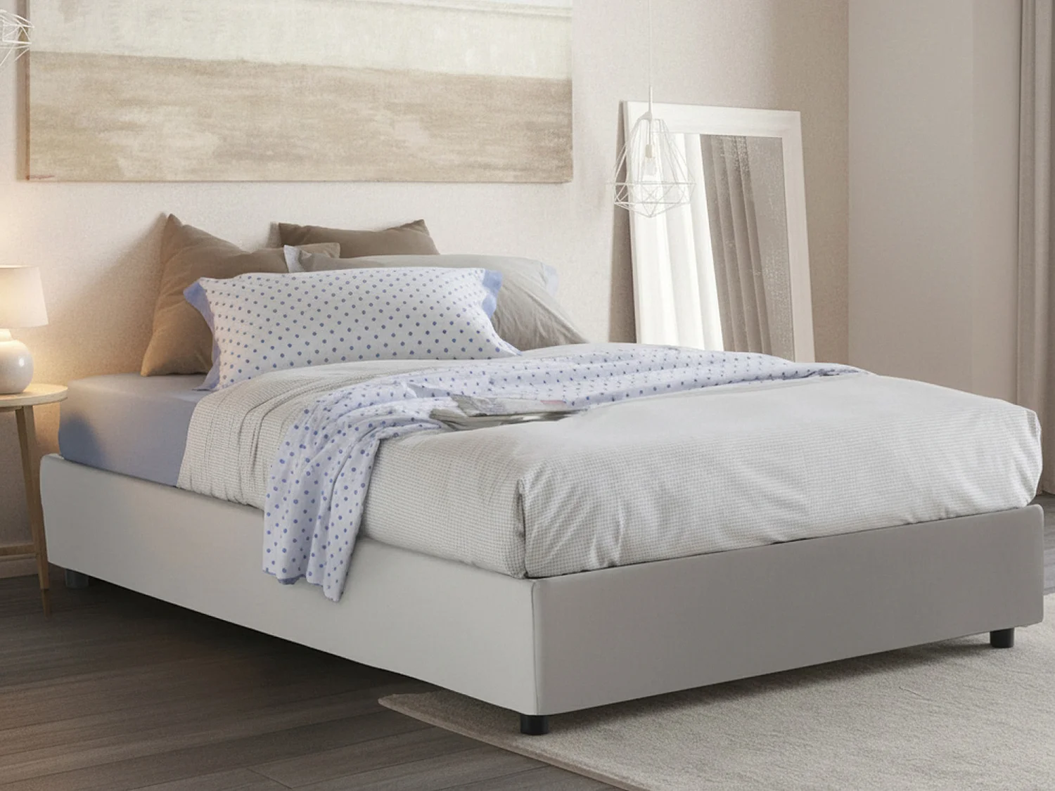 Lit double Elena, Lit coffre avec revêtement en éco-cuir, 100% Made in Italy, Ouverture frontale, avec matelas 140x190 cm inclus, Blanc