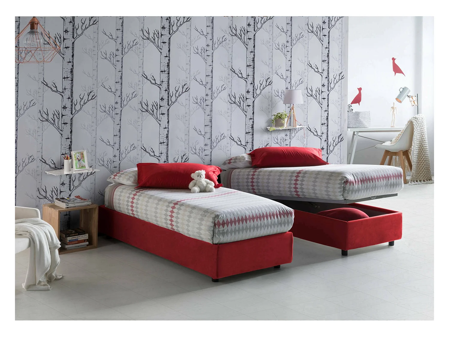 Ilaria eenpersoonsbed, Opbergbed met stoffen bekleding, 100% Made in Italy, Opening aan de voorkant, geschikt voor matras van 90x190 cm, Rood