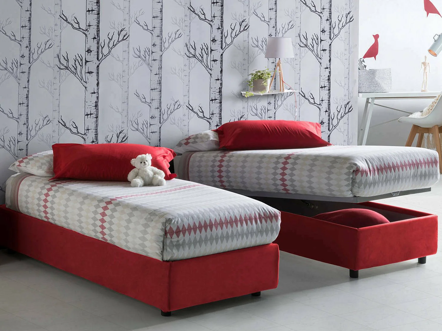 Letto singolo Ilaria, Letto contenitore con rivestimento in tessuto, 100% Made in Italy, Apertura frontale, adatto per materasso Cm 90x190, Rosso