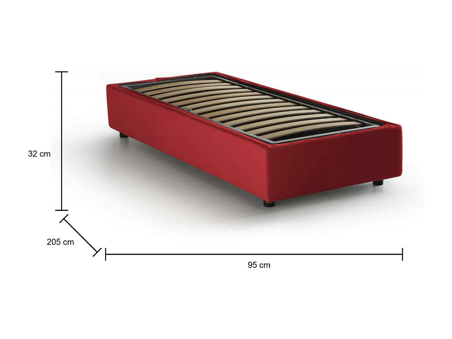 Cama de solteiro Ãsia, Cama de armazenamento com forro de tecido, 100% Fabricado na Itália, Abertura frontal, adequada para colchão 80x190 cm, Vermelho