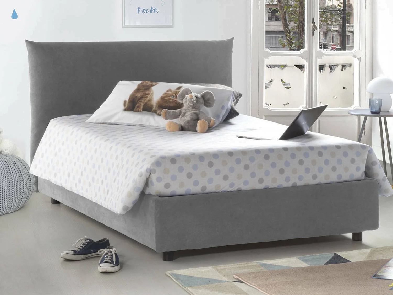 Talamo Italië Bed Anderhalve Ornella Grijs Afneembaar Opbergvak, Matrasmaat 120x190 cm Made in Italy