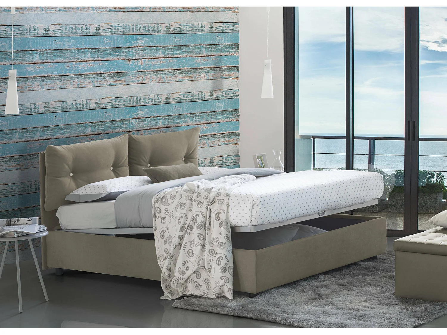 Letto matrimoniale Elisabetta, Letto contenitore con rivestimento in tessuto, 100% Made in Italy, Apertura frontale, adatto per materasso Cm 160x190, Tortora
