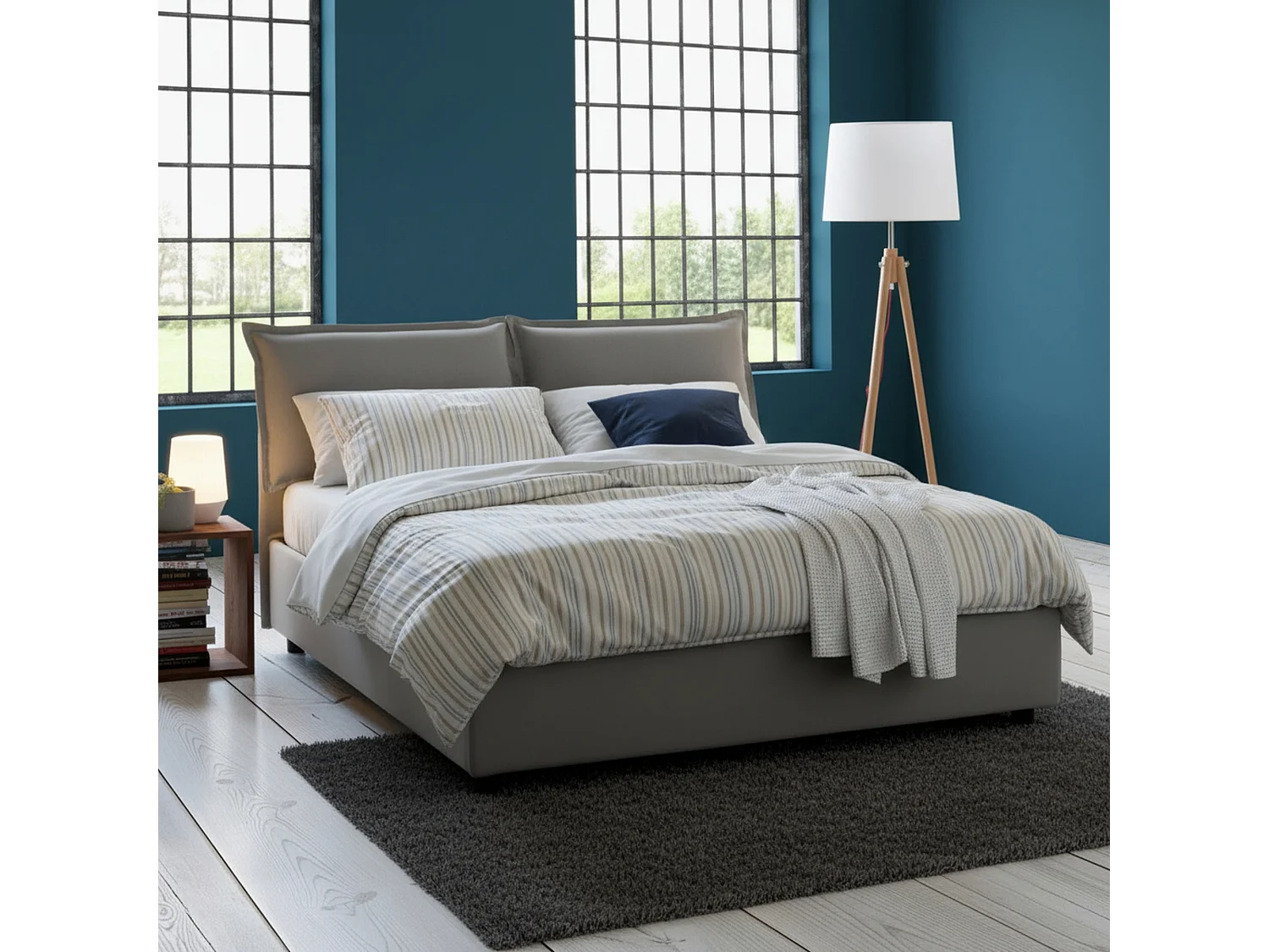 Lit double Teresa, Lit coffre avec revêtement en tissu, 100% Made in Italy, Ouverture frontale, avec matelas 140x200 cm inclus, Gris