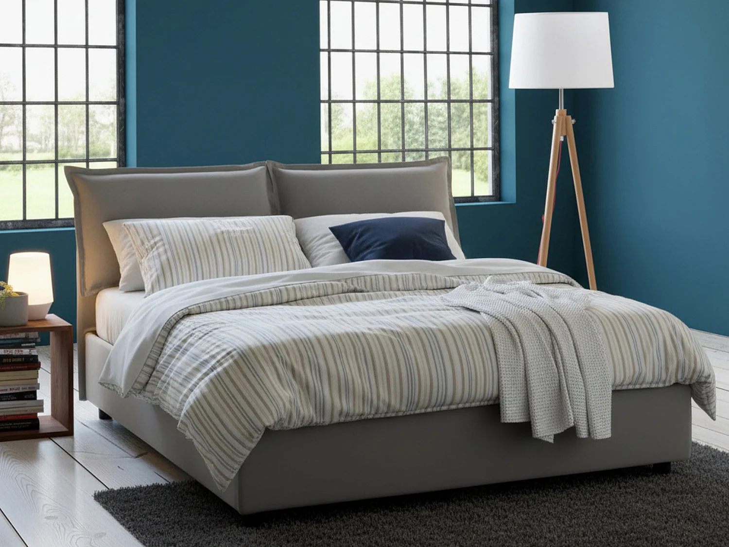 Lit double Teresa, Lit coffre avec revêtement en tissu, 100% Made in Italy, Ouverture frontale, avec matelas 140x200 cm inclus, Gris