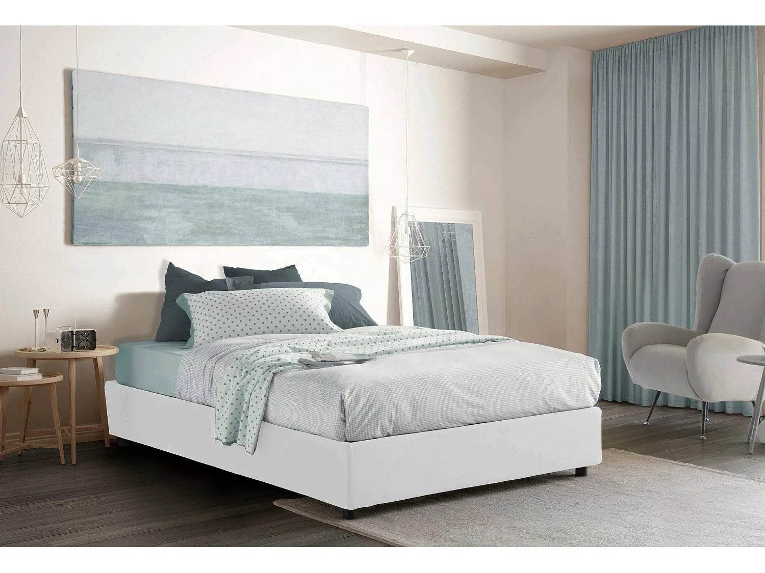 Lit double Grace, Lit coffre avec revêtement en tissu, 100% Made in Italy, Ouverture frontale, avec matelas 160x200 cm inclus, Blanc