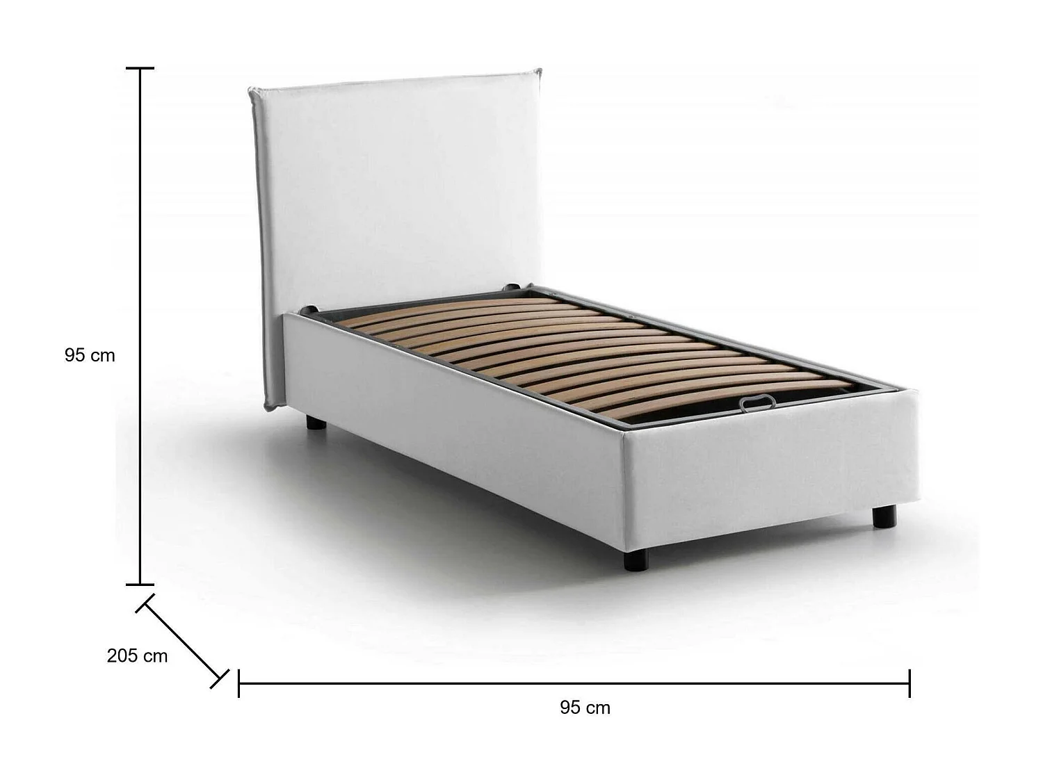 Cama individual Candida, Cama contenedor con revestimiento de tela, 100% Made in Italy, Apertura lateral, adecuada para colchón de 80x190 cm, Blanco