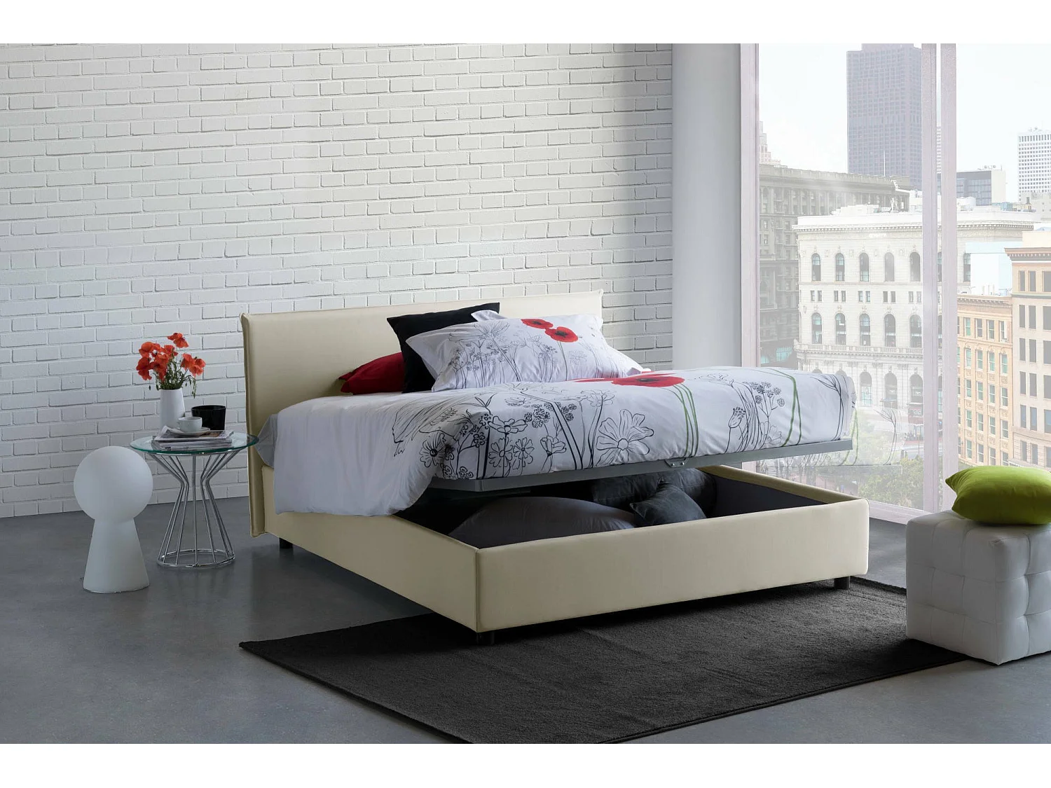 Lit double Bonella, Lit coffre avec revêtement en tissu, 100% Made in Italy, Ouverture frontale, adapté pour matelas 160x200 cm, Beige