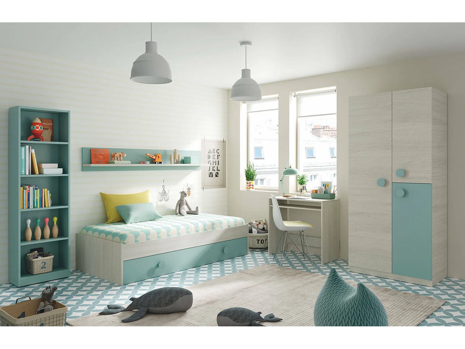 Lubbock eenpersoonsbed, Bedframe voor slaapkamer, Bed met uitschuifbaar bed of ladekast en bijpassende plank, 201x98h43 cm, Wit en Aquagroen