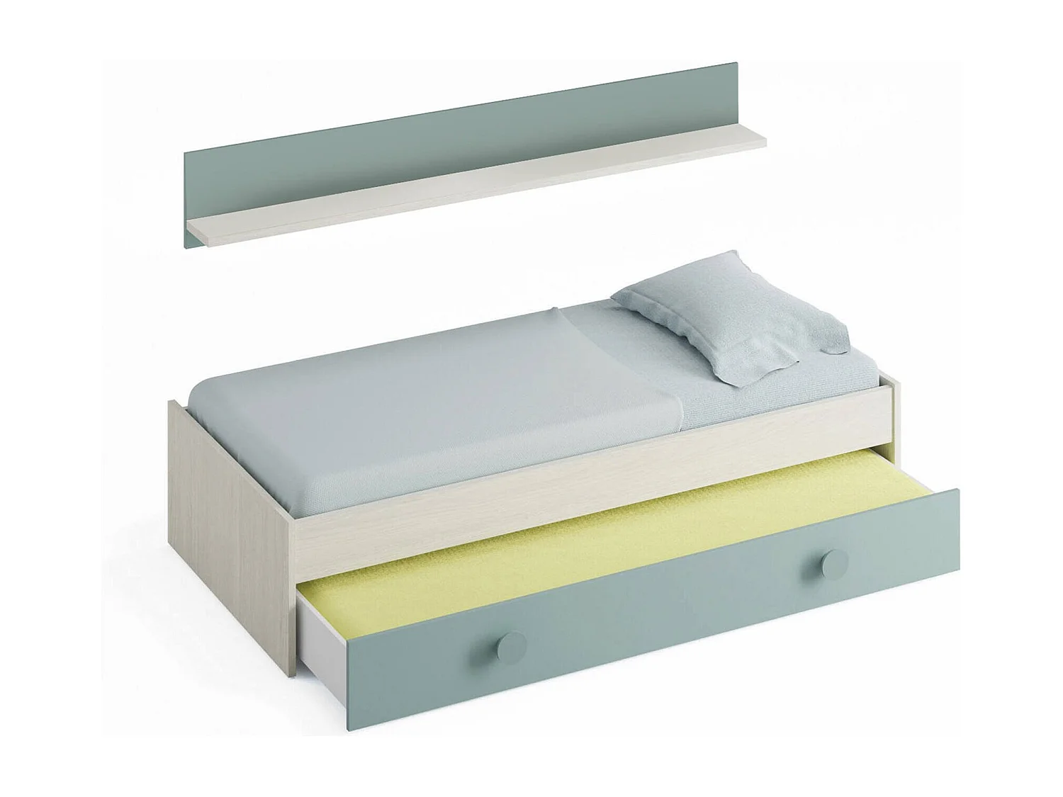 Lubbock-Einzelbett, Bettgestell für Schlafzimmer, Bett mit ausziehbarem Bett oder Kommode und passendem Regal, 201 x 98 x 43 cm, WeiÃŸ und Aquagrün