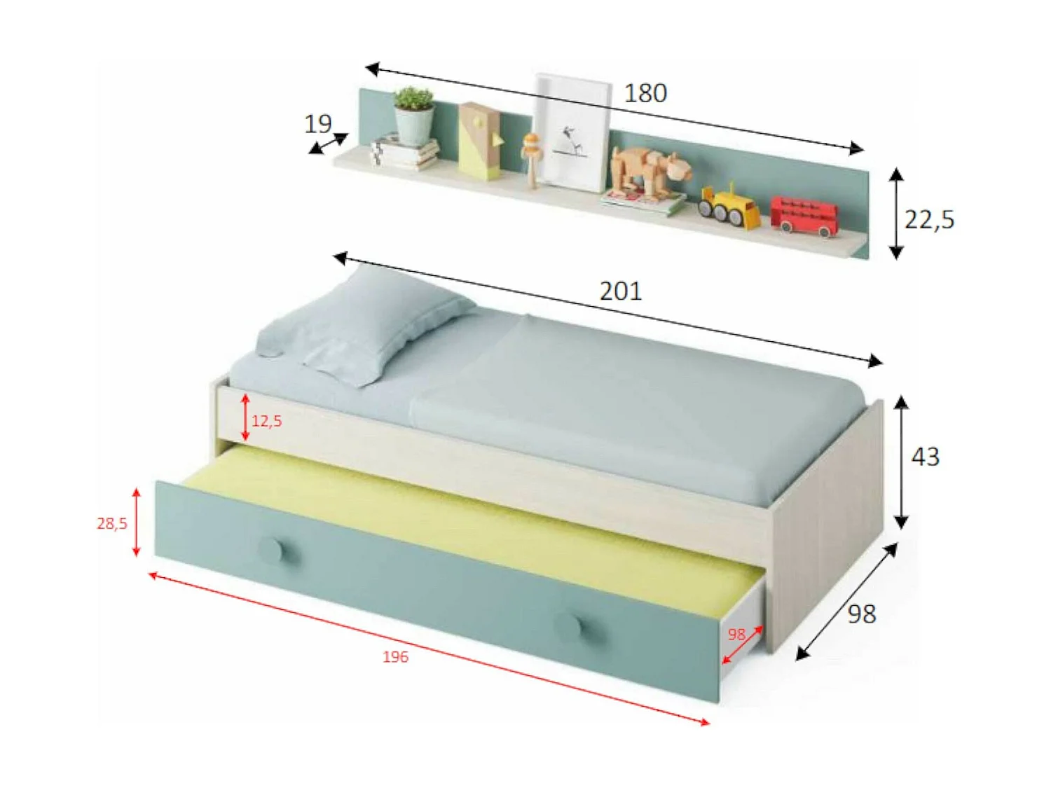 Lit simple Lubbock, Cadre de lit pour chambre à coucher, Lit avec lit extractible ou commode et étagère assortie, 201x98h43 cm, Blanc et Vert Aqua