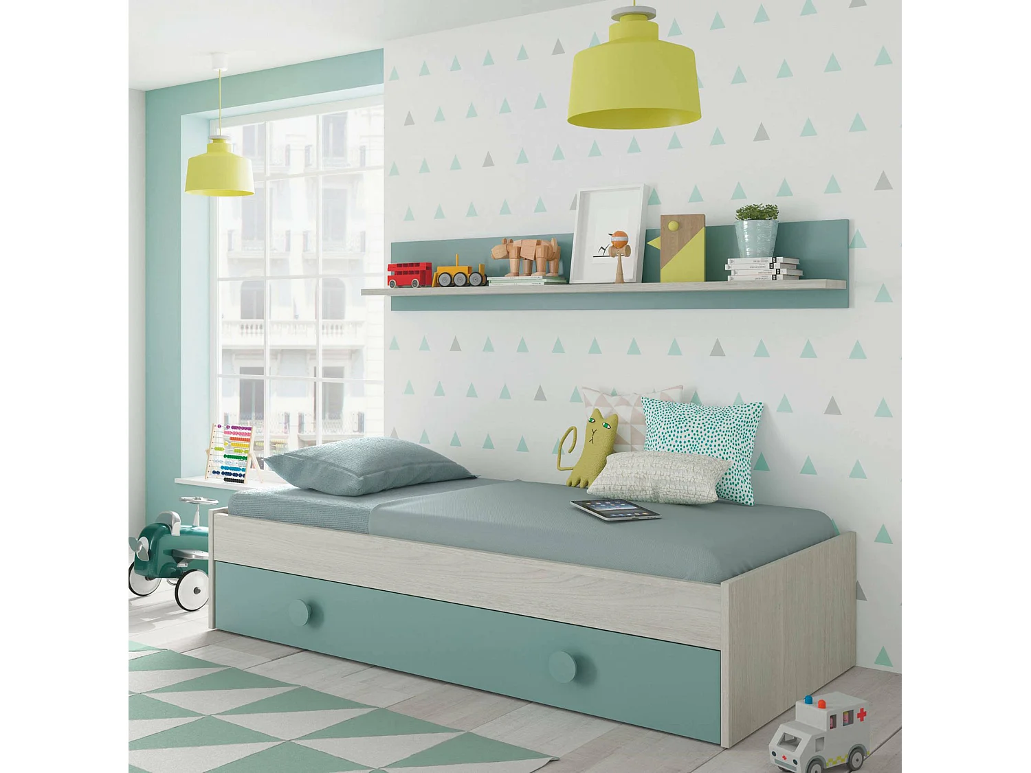 Lit simple Lubbock, Cadre de lit pour chambre à coucher, Lit avec lit extractible ou commode et étagère assortie, 201x98h43 cm, Blanc et Vert Aqua