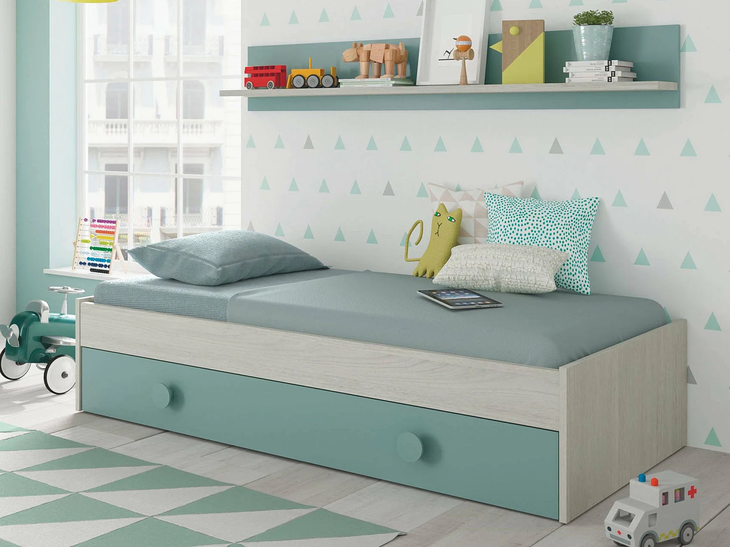 Lit simple Lubbock, Cadre de lit pour chambre à coucher, Lit avec lit extractible ou commode et étagère assortie, 201x98h43 cm, Blanc et Vert Aqua