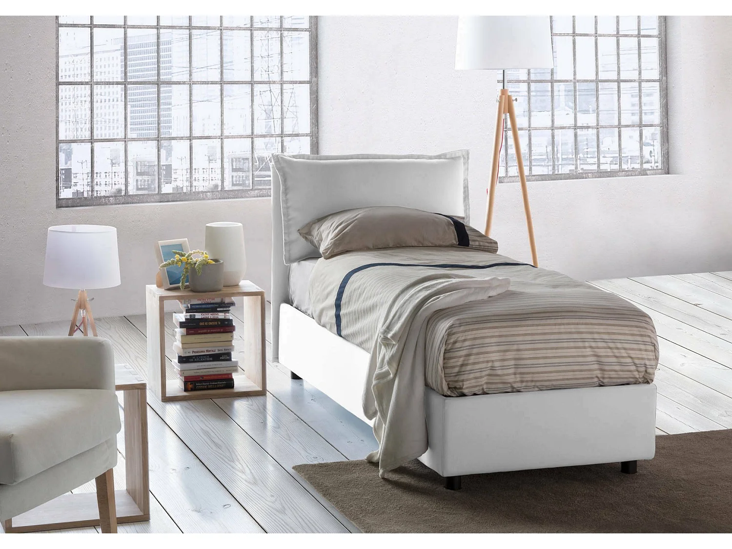 Lit simple Luna, Lit coffre avec revêtement en tissu, 100% Made in Italy, Ouverture latérale, adapté pour matelas 80x190 cm, Blanc