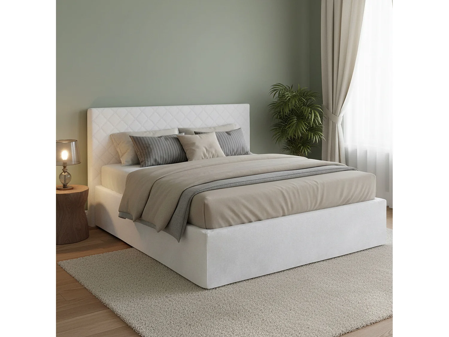 Lit double Cleneide, ensemble tête de lit en éco-cuir avec sommier orthopédique et cantonnière, 100% Made in Italy, avec matelas inclus, 160x190 cm, Blanc