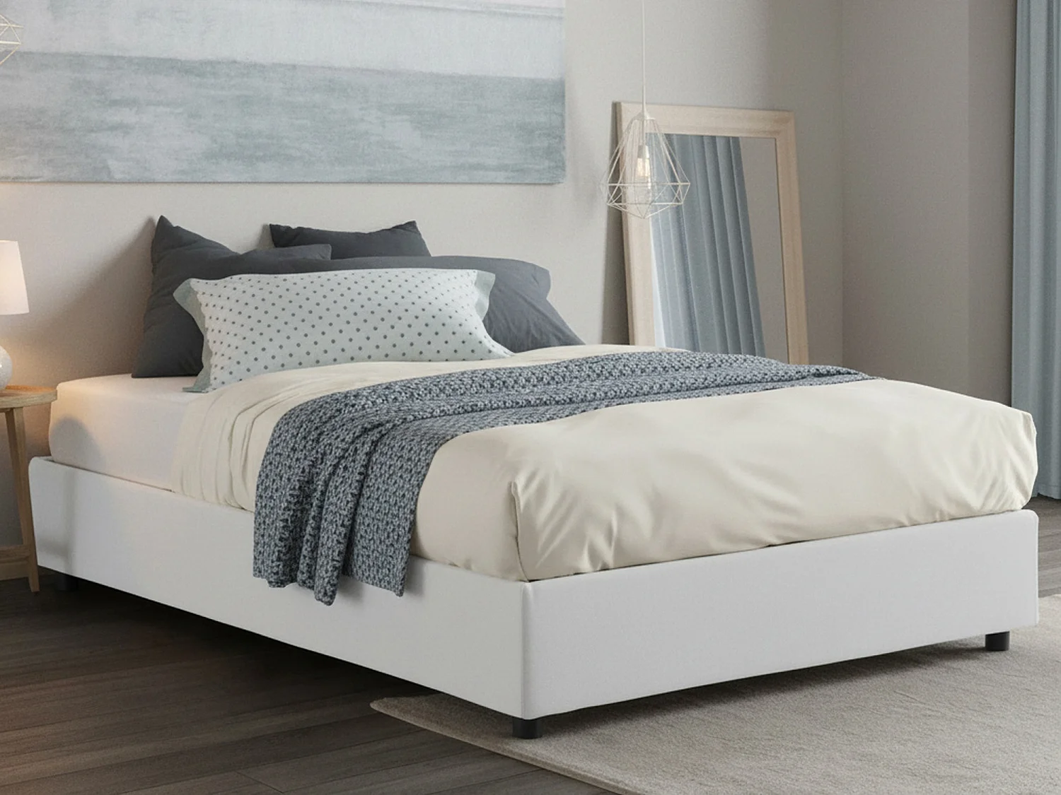 Lit double Maria, Lit coffre avec revêtement en tissu, 100% Made in Italy, Ouverture frontale, adapté pour matelas 160x200 cm, Blanc