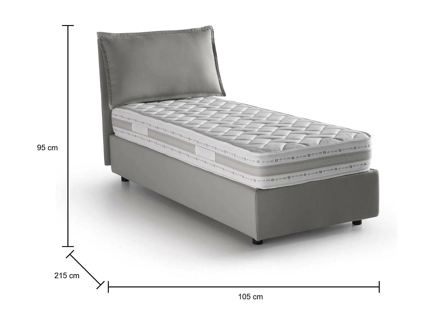 Letto singolo Evelyn, Letto contenitore con rivestimento in tessuto, 100% Made in Italy, Apertura frontale, con materasso Cm 90x200 incluso, Grigio