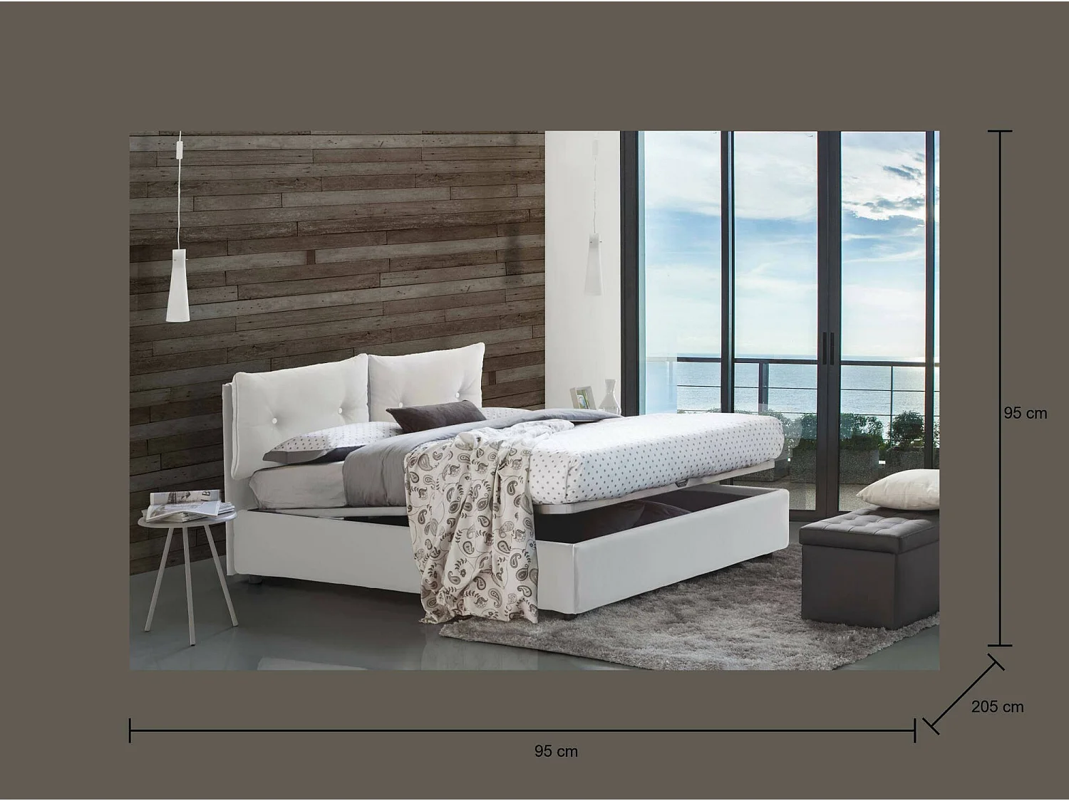 Cama individual Chantal, Cama contenedor con tapizado en ecopiel, 100% Made in Italy, Apertura frontal, con colchón de 80x190 cm incluido, Blanco