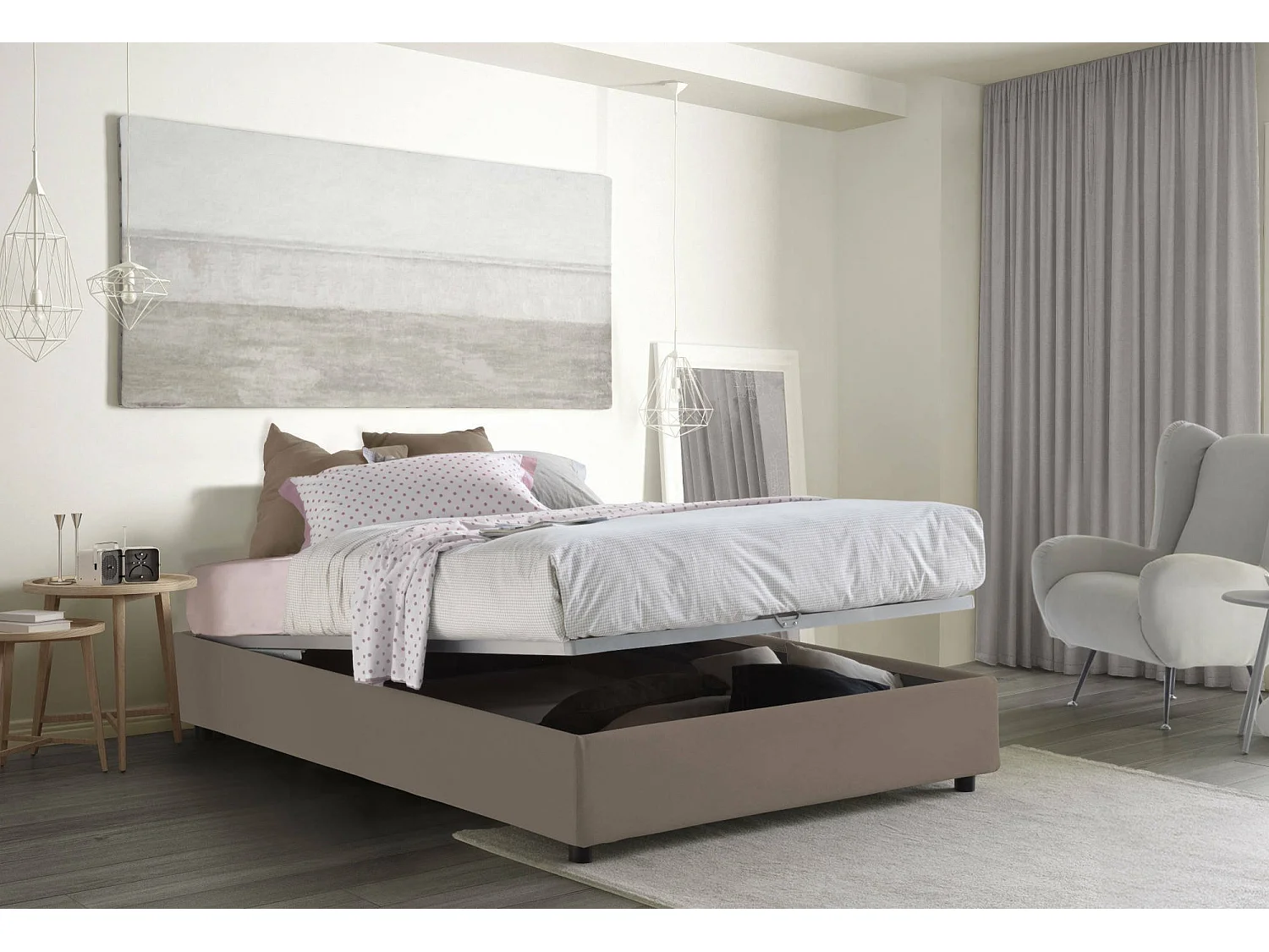Lit double Chloé, Lit coffre avec revêtement en tissu, 100% Made in Italy, Ouverture frontale, adapté pour matelas 140x200 cm, Taupe