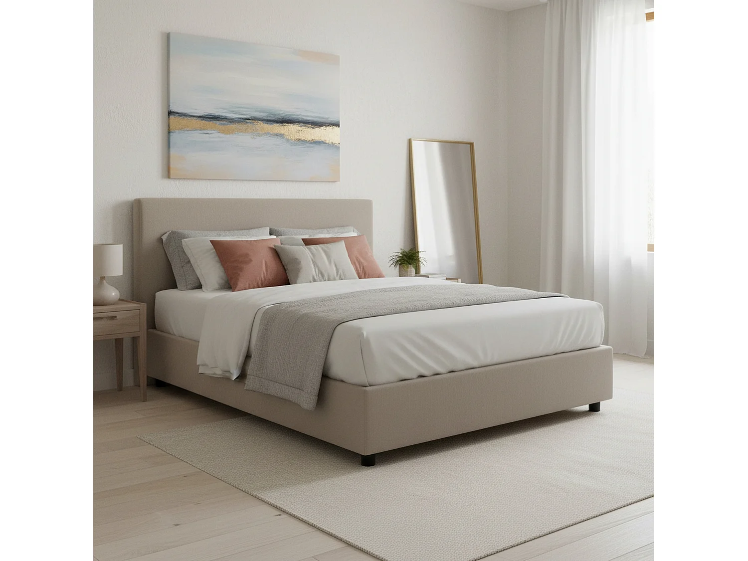 Talamo Italia Frans BeD Chloe Grijs/Taupe Afneembaar Opbergvak, Matrasmaat 140x200 cm Made in Italy
