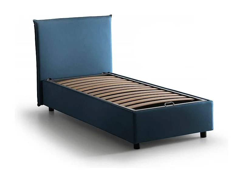 Cama de solteiro Cassiopea, Cama de armazenamento com forro de tecido, 100% Fabricado na Itália, Abertura frontal, adequada para colchão de 80x200 cm, Azul