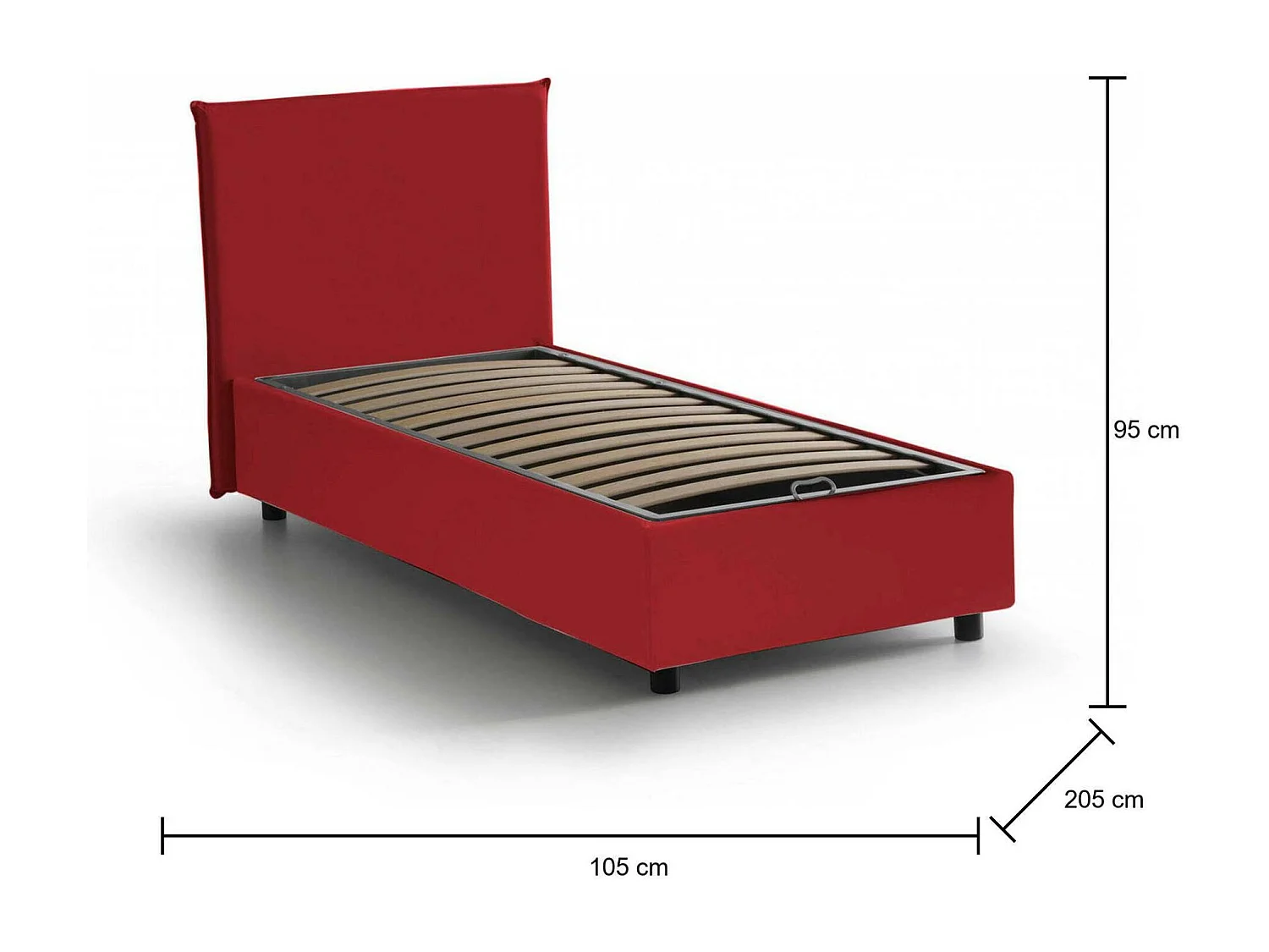Cama individual Chelsea, Cama contenedor con revestimiento de tela, 100% Made in Italy, Apertura frontal, Apto para colchón de 90x190 cm, Rojo
