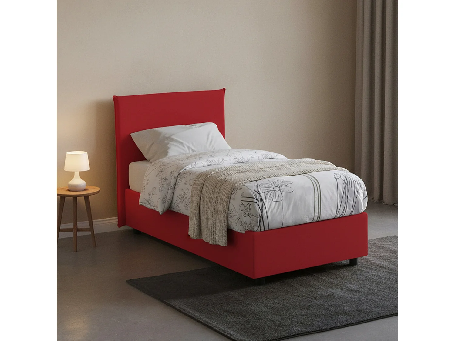 Talamo Italia Eenpersoonsbed Chelsea Rood, Afneembare Hoes, Met Opslag, Matrasmaat 90x190 cm, Made in Italy