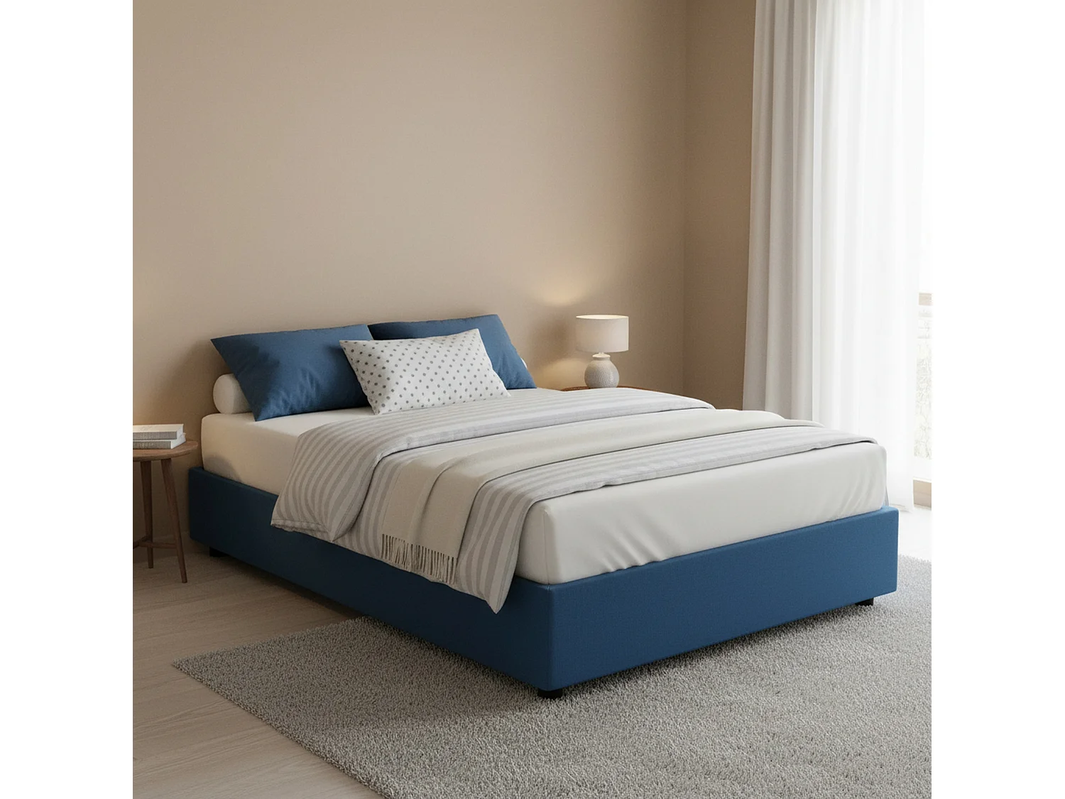 Talamo Italia Tweepersoonsbed Maria blauw, Afneembare Bekleding Met Opbergruimte, Matrasmaat 160x200 cm Made in Italy