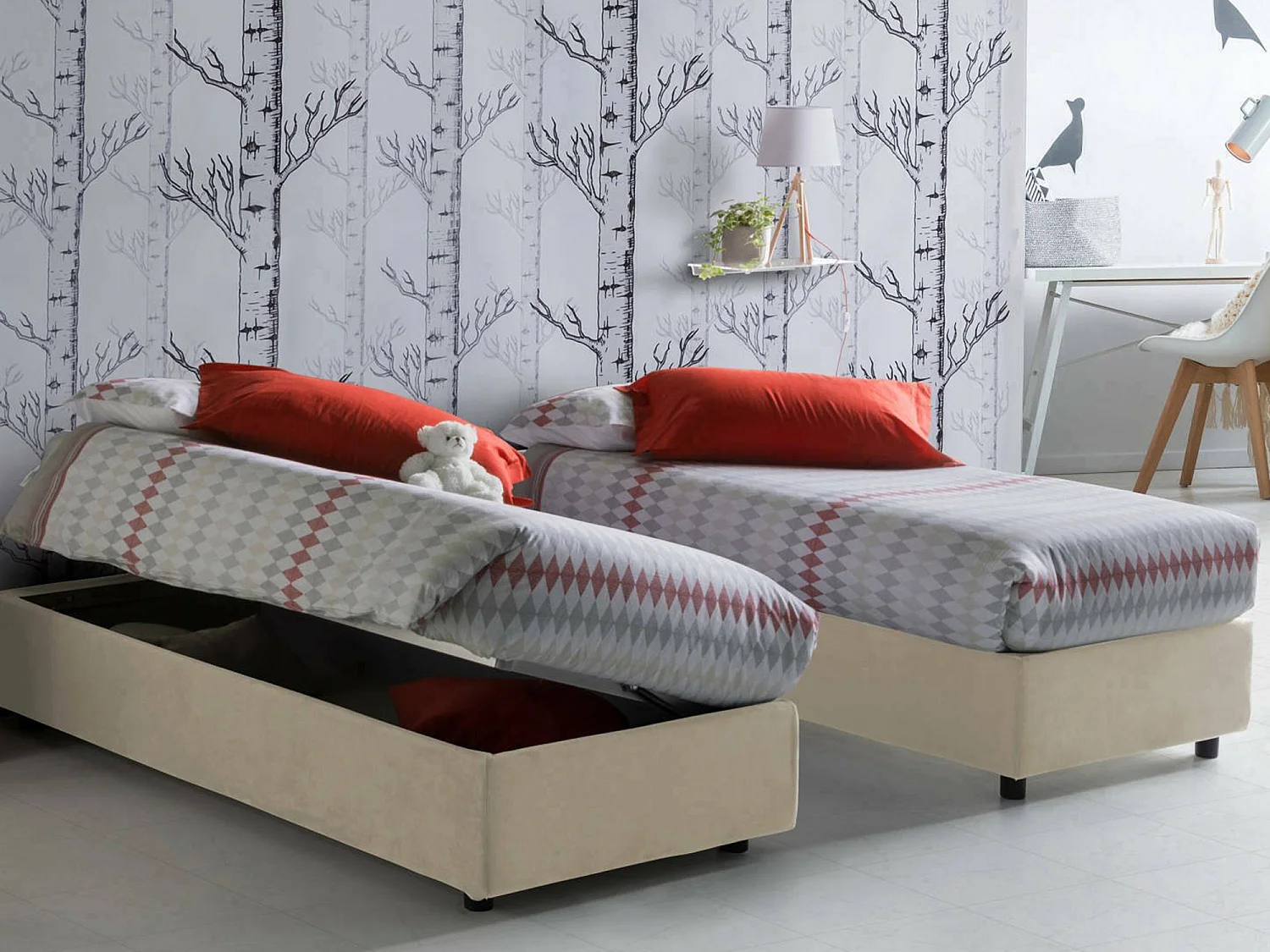 Cama de solteiro Diana, Cama arrumação com forro de tecido, 100% Fabricado na Itália, Abertura lateral, com colchão 80x190 cm incluído, Bege