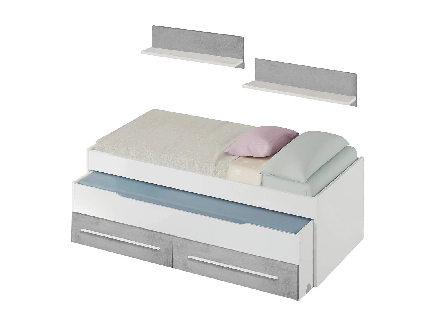 Lit simple Fairfield, Cadre de lit pour chambre, Lit simple avec lit extractible et 2 tiroirs et étagère, 199x96h65 cm, Blanc et Ciment