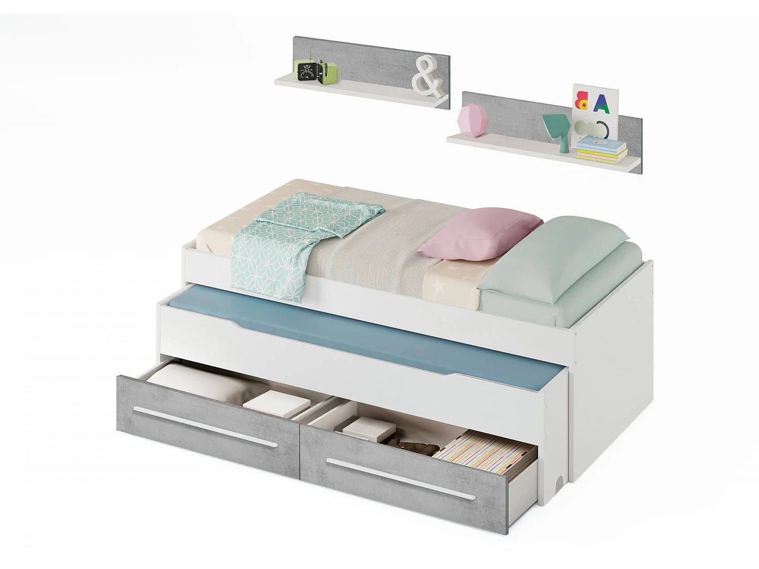 Lit simple Fairfield, Cadre de lit pour chambre, Lit simple avec lit extractible et 2 tiroirs et étagère, 199x96h65 cm, Blanc et Ciment