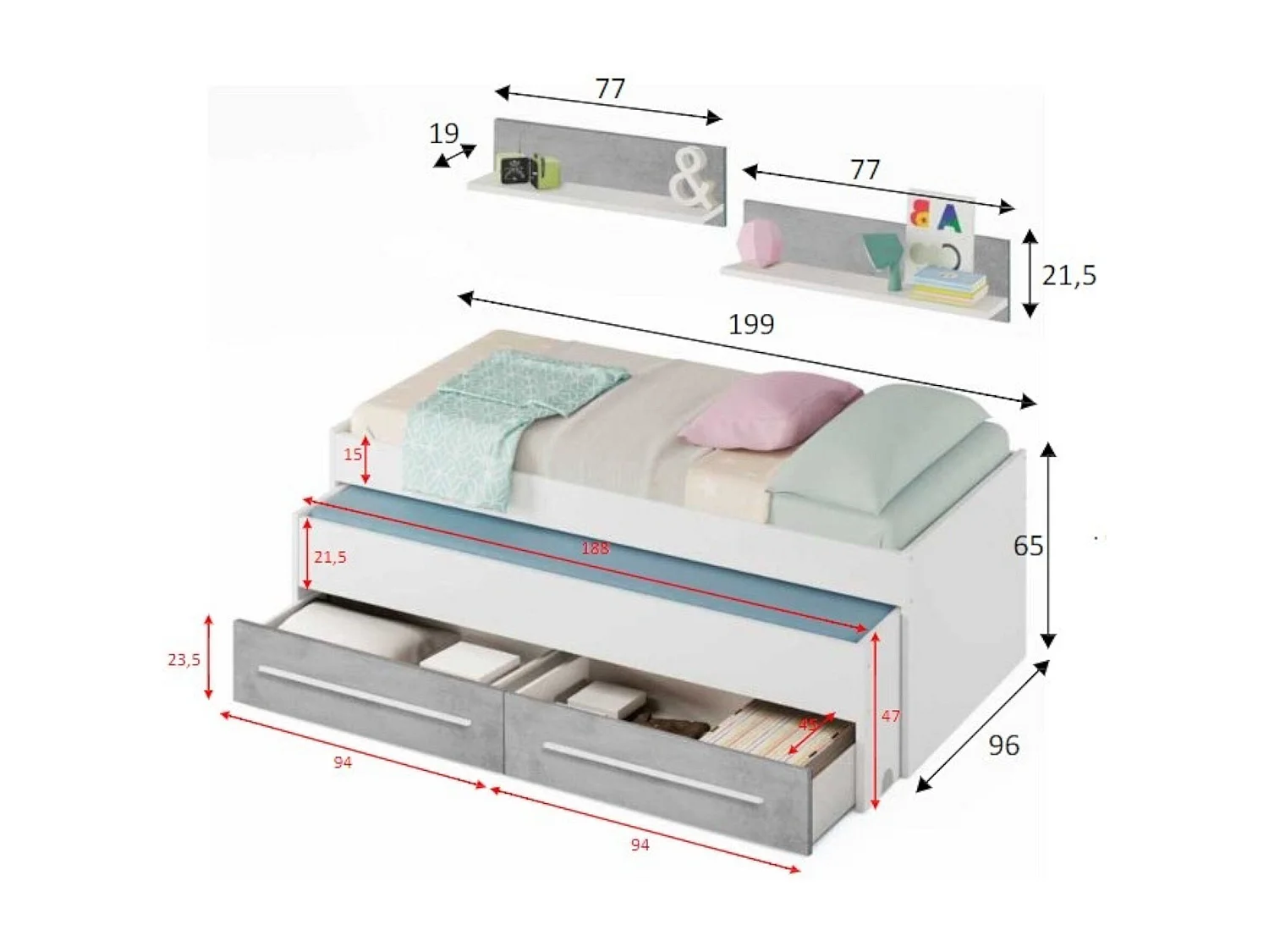 Lit simple Fairfield, Cadre de lit pour chambre, Lit simple avec lit extractible et 2 tiroirs et étagère, 199x96h65 cm, Blanc et Ciment