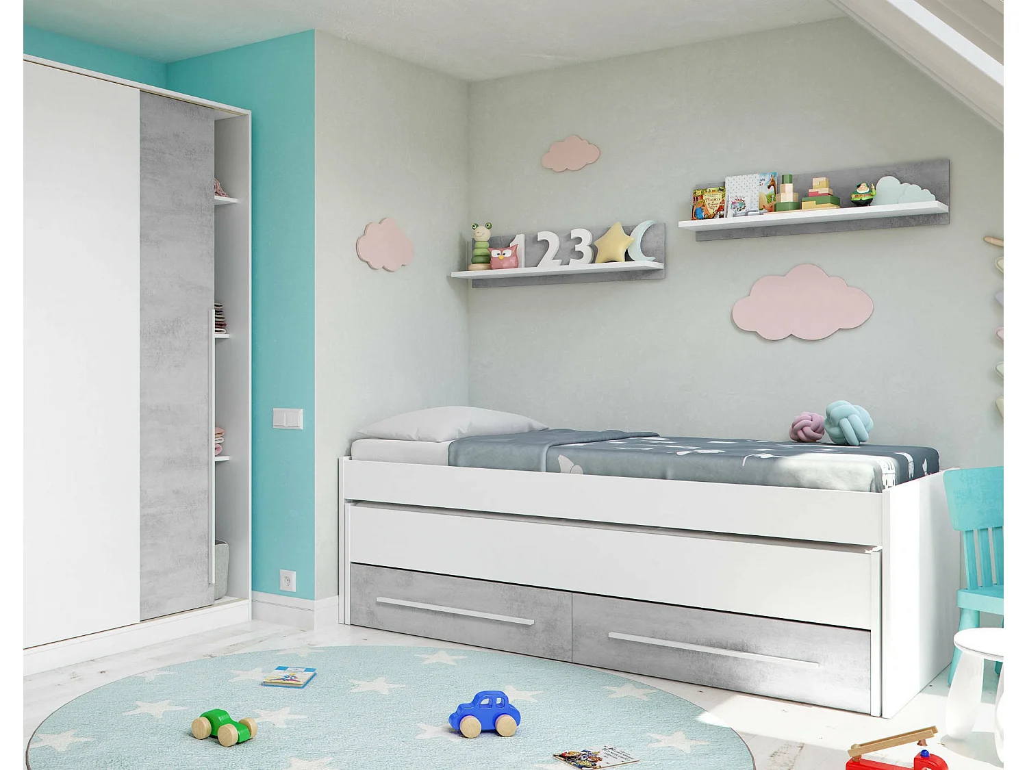 Lit simple Fairfield, Cadre de lit pour chambre, Lit simple avec lit extractible et 2 tiroirs et étagère, 199x96h65 cm, Blanc et Ciment