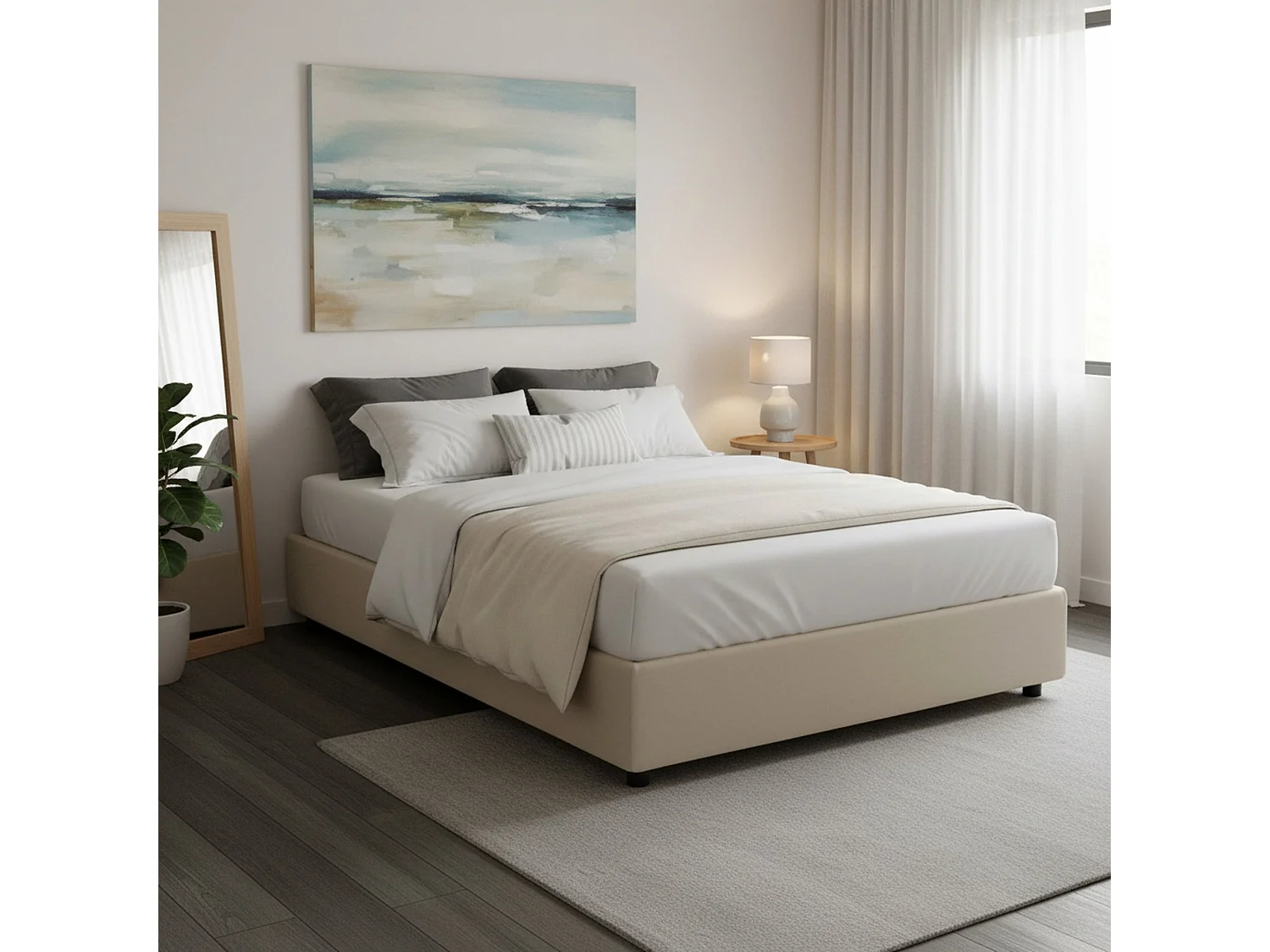 Lit double Adele, Lit coffre avec revêtement en tissu, 100% Made in Italy, Ouverture frontale, avec matelas 140x190 cm inclus, Beige