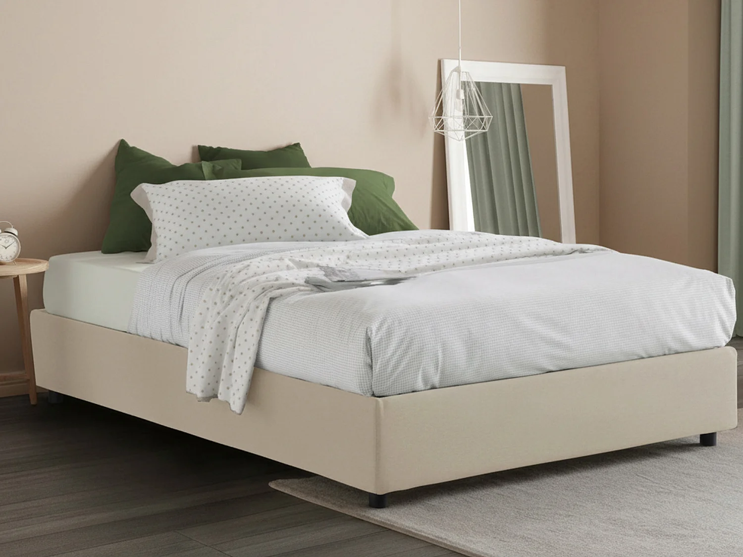 Cama doble Arianna, canapé con revestimiento de tela, 100% Made in Italy, apertura frontal, apto para colchón de 120x200 cm, Beige