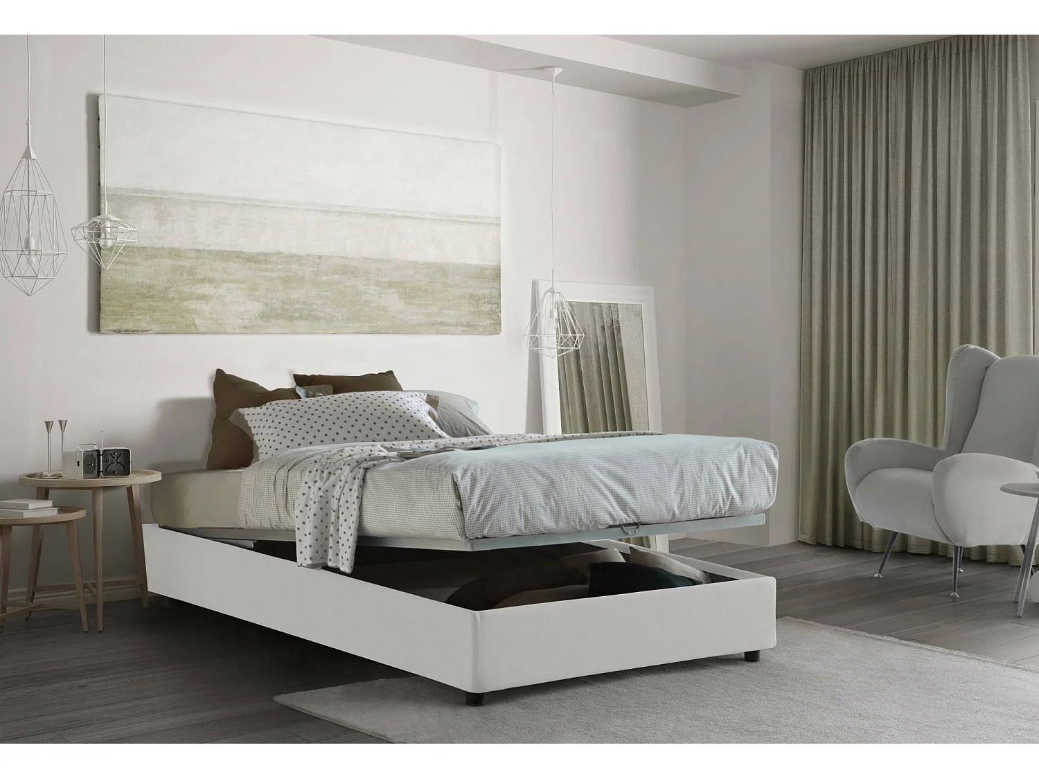 Cama doble Nicole, Cama contenedor con revestimiento de tela, 100% Made in Italy, Apertura frontal, Apto para colchón de 120x190 cm, Blanco