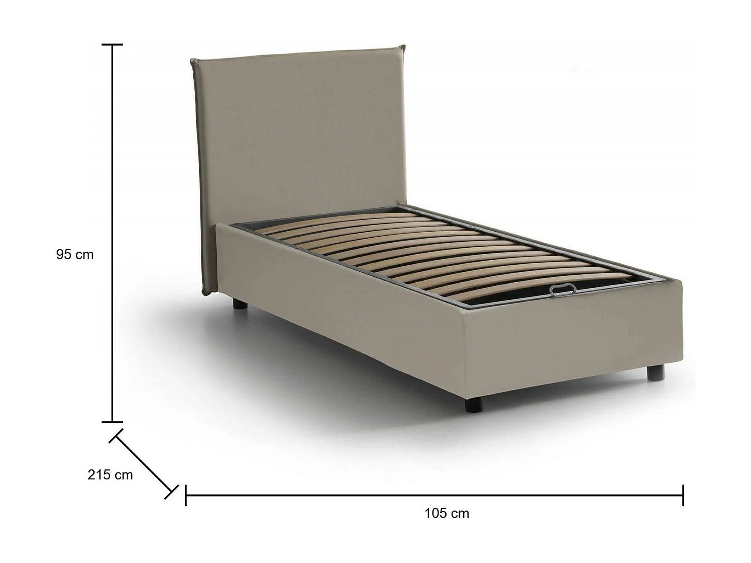 Cama individual Christine, Cama contenedor con revestimiento de cuero ecológico, 100% Made in Italy, Apertura frontal, Apto para colchón de 90x200 cm, Taupe