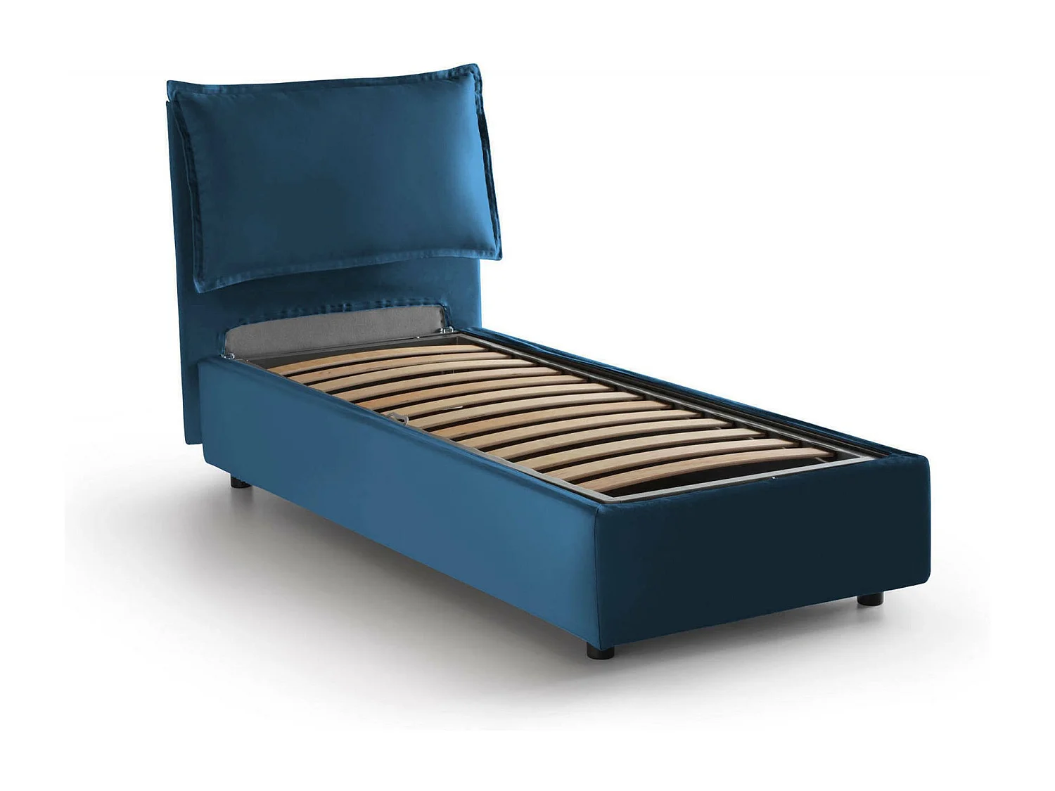 Lit simple Luna, Lit coffre avec revêtement en tissu, 100% Made in Italy, Ouverture latérale, adapté pour matelas 80x190 cm, Bleu