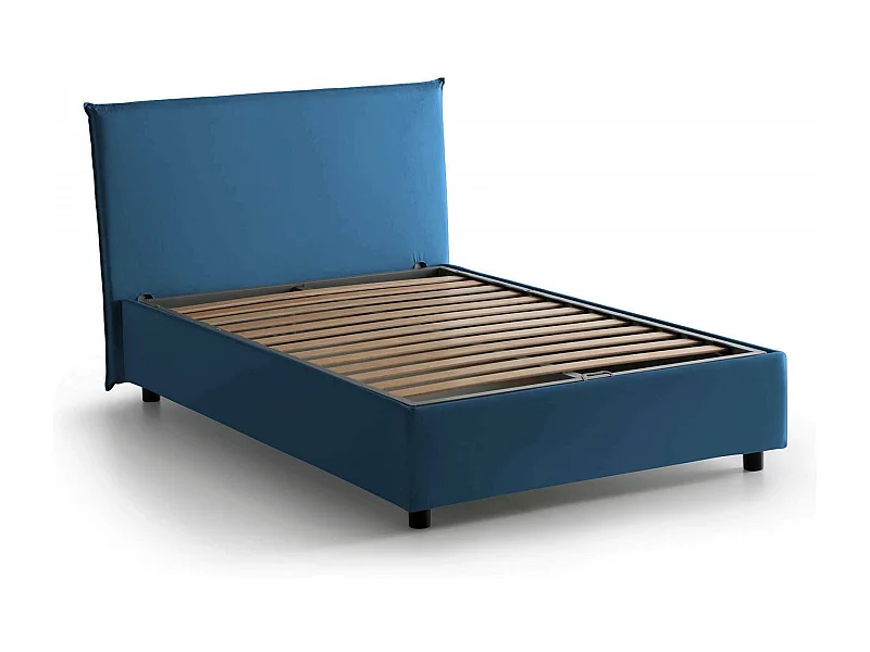 Cama de casal Chicca, Cama de arrumação com forro de tecido, 100% Fabricado em Itália, Abertura frontal, com colchão 120x200 cm incluído, Azul