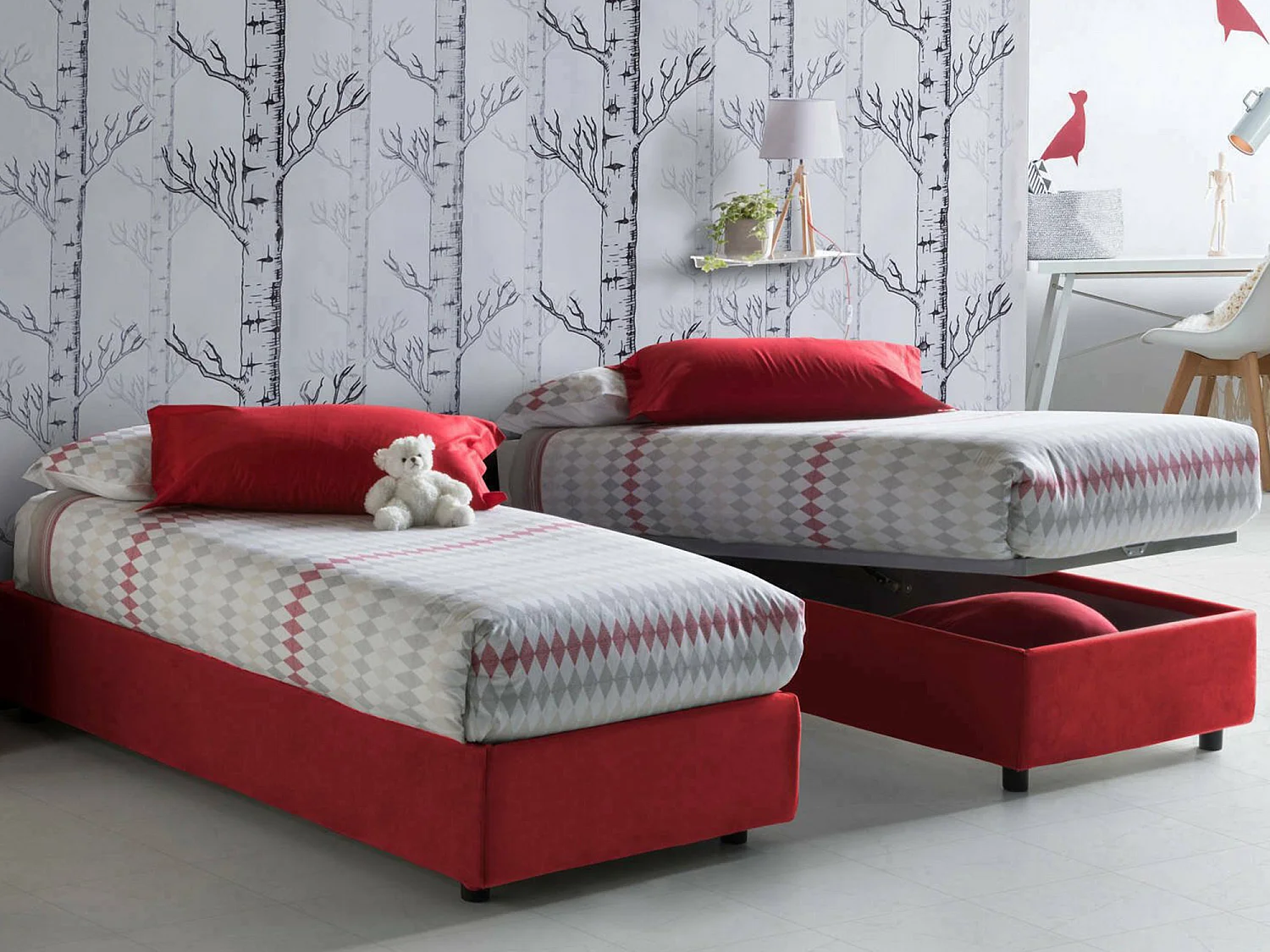 Talamo Italia Eenpersoonsbed Laura Rood Afneembaar Opbergruimte, Matrasmaat 90x200 cm Made in Italy