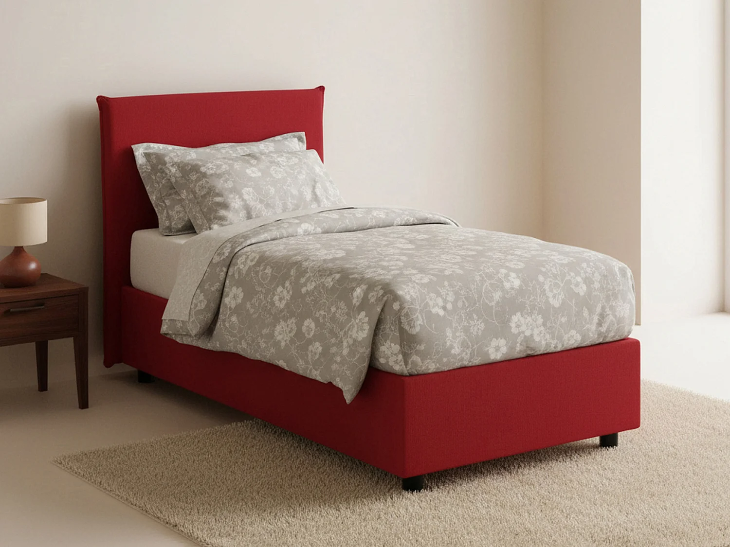 Lit simple Claire, Lit coffre avec revêtement en tissu, 100% Made in Italy, Ouverture frontale, avec matelas 90x200 cm inclus, Rouge