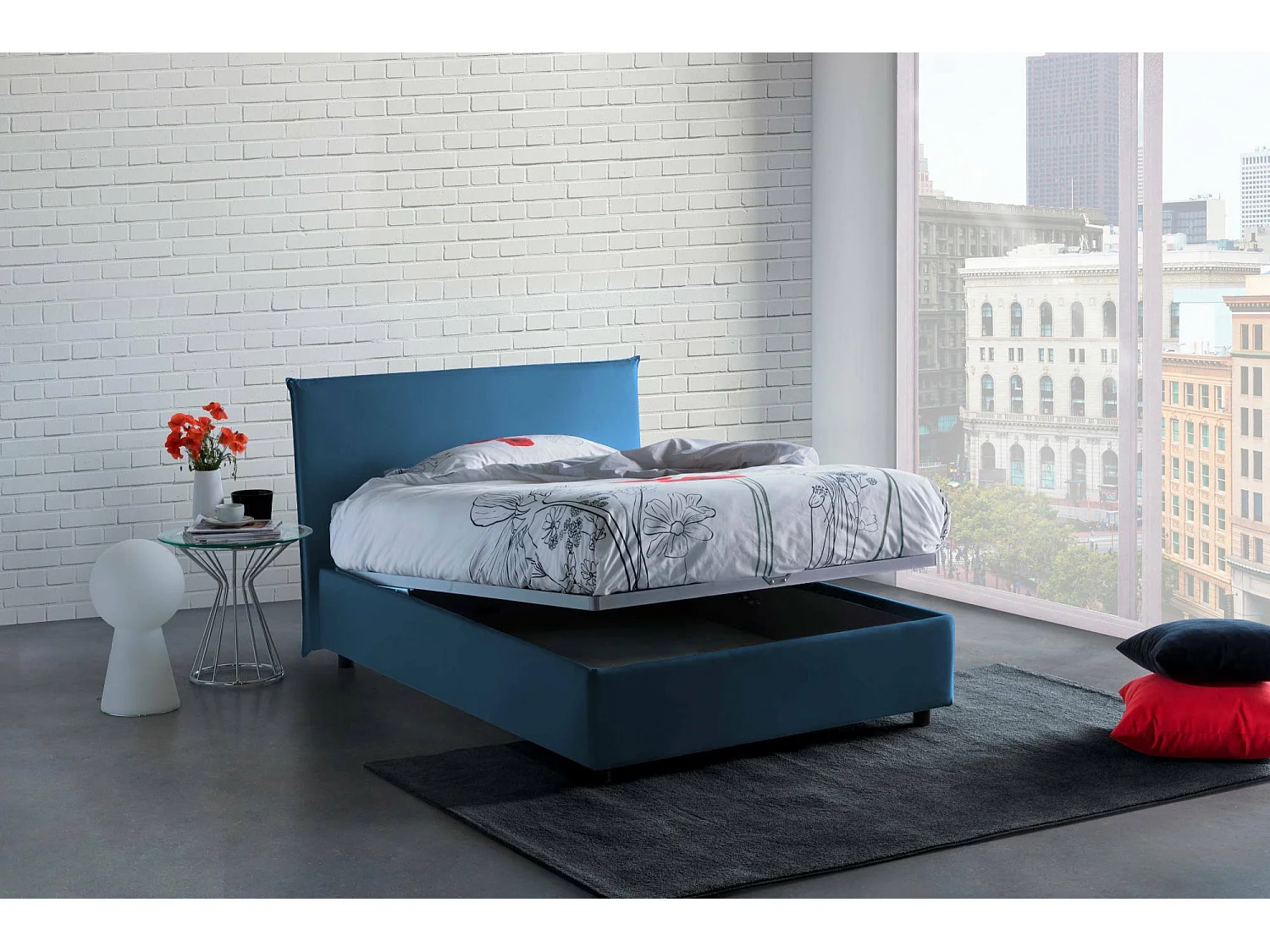 Letto piazza e mezza Ashasa, Letto contenitore con rivestimento in tessuto, 100% Made in Italy, Apertura frontale, adatto per materasso Cm 120x190, Blu