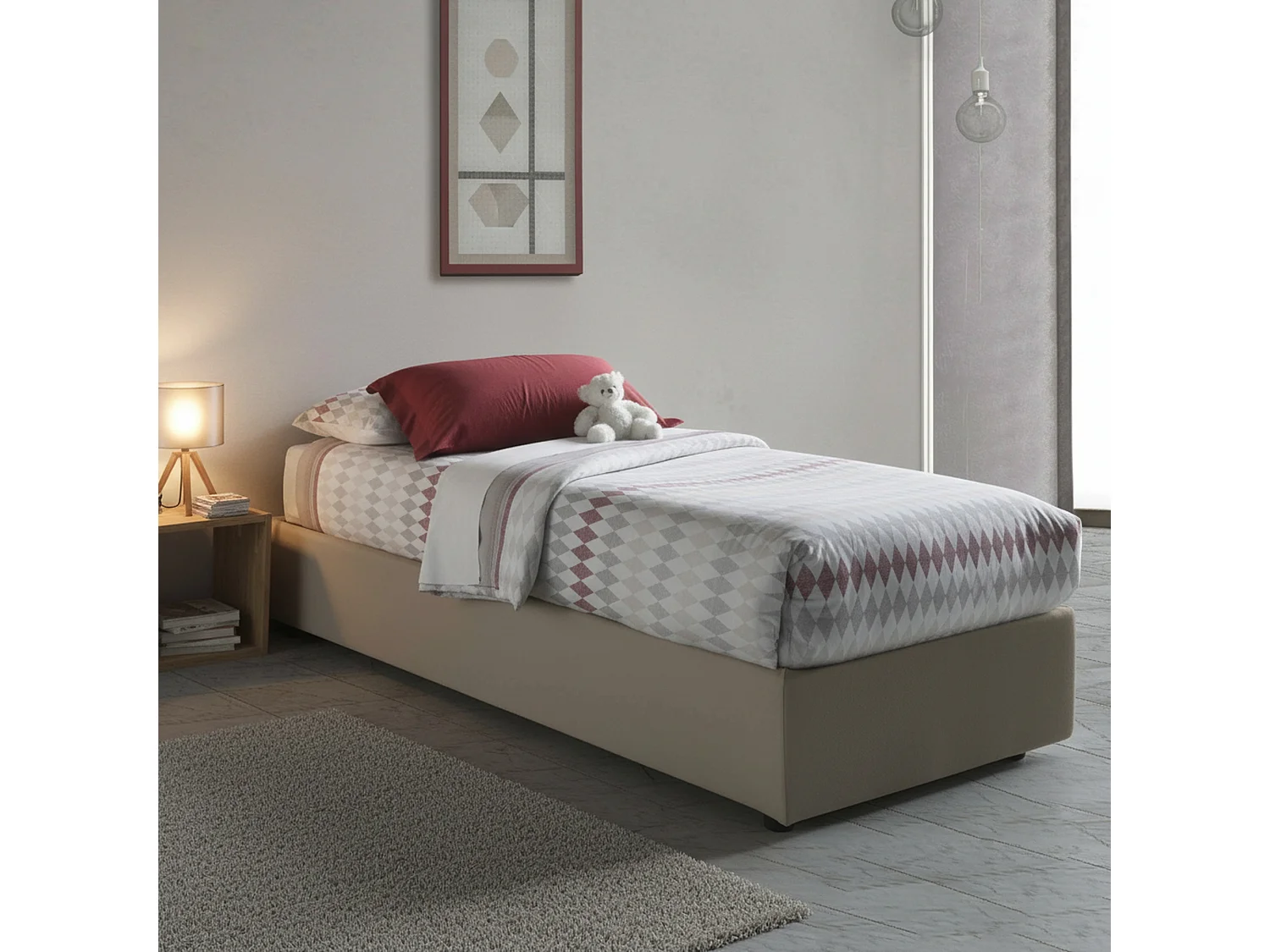 Letto singolo Anita, Letto contenitore con rivestimento in ecopelle, 100% Made in Italy, Apertura laterale, con materasso Cm 80x190 incluso, Tortora