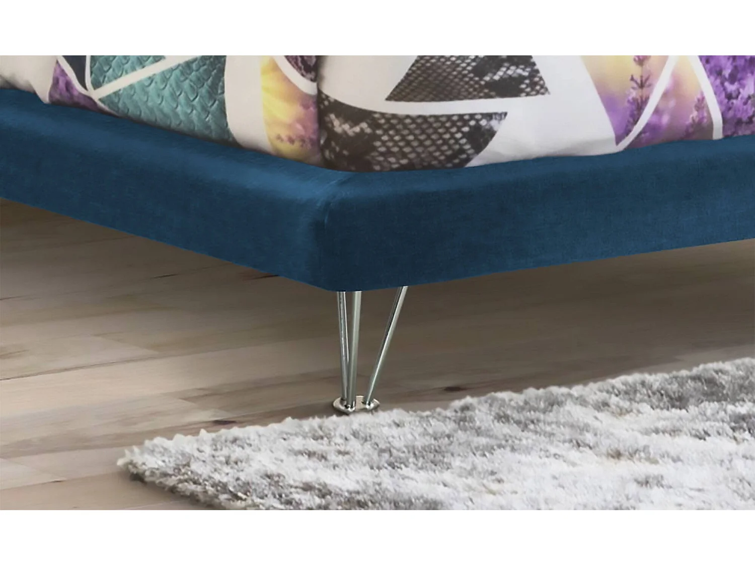 Lit double Isabella, Lit fixe en tissu avec pieds, 100% Made in Italy, adapté pour matelas 160x190 cm, Bleu