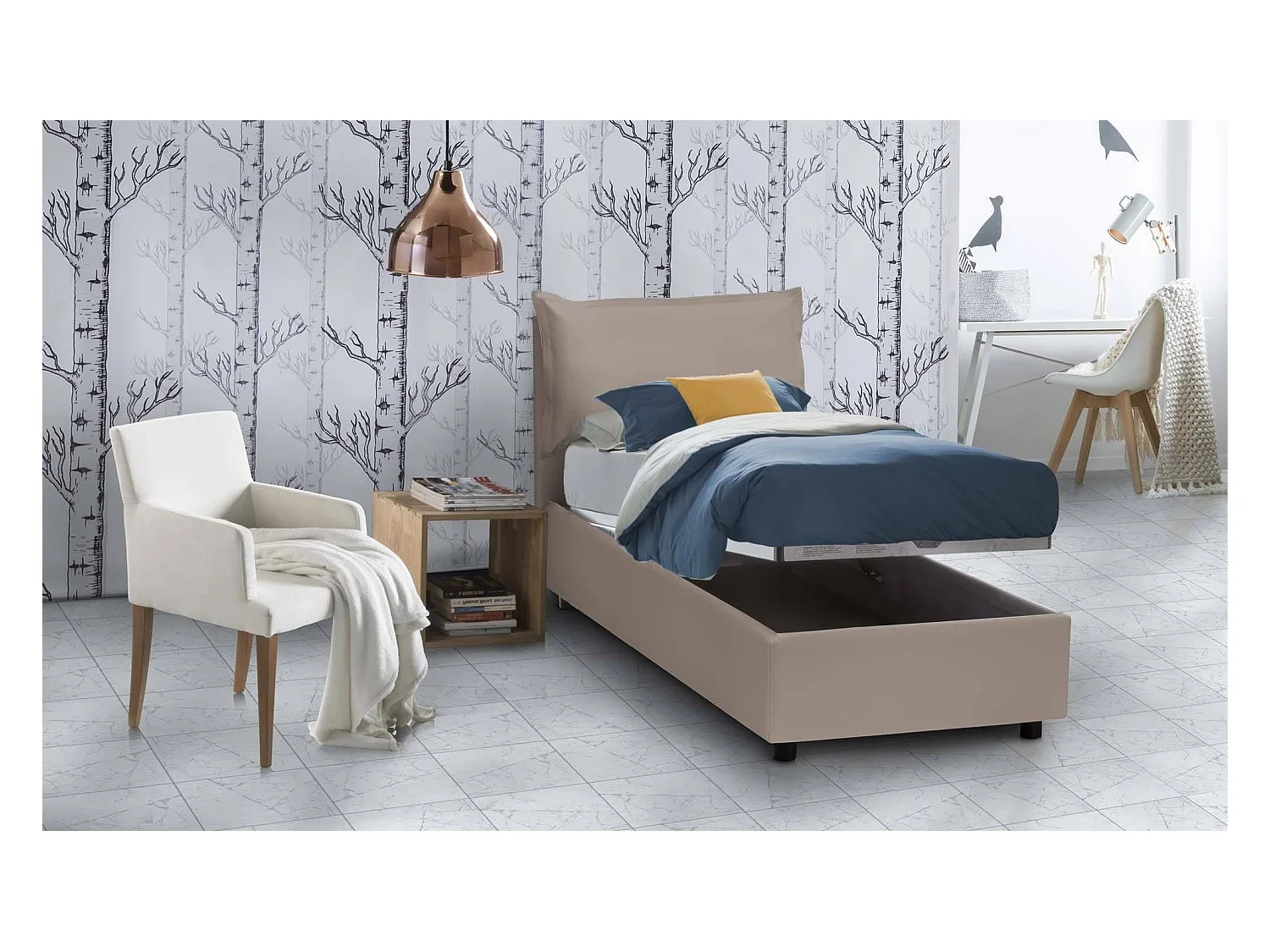 Lit simple Carmen, Lit coffre avec revêtement en éco-cuir, 100% Made in Italy, Ouverture frontale, avec matelas 90x190 cm inclus, Taupe