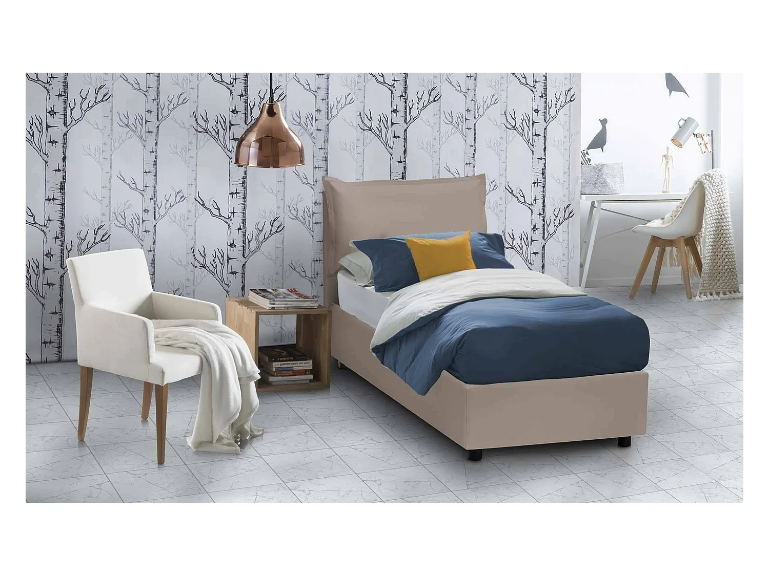 Lit simple Carmen, Lit coffre avec revêtement en éco-cuir, 100% Made in Italy, Ouverture frontale, avec matelas 90x190 cm inclus, Taupe