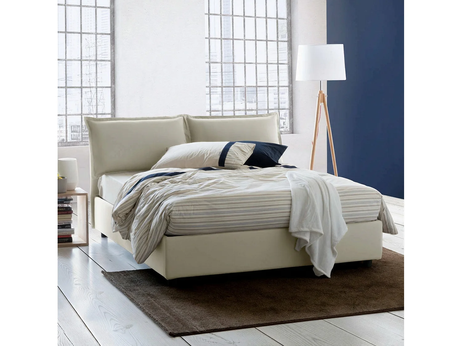 Lit double Antonia, Lit coffre avec revêtement en tissu, 100% Made in Italy, Ouverture frontale, adapté pour matelas 160x200 cm, Beige