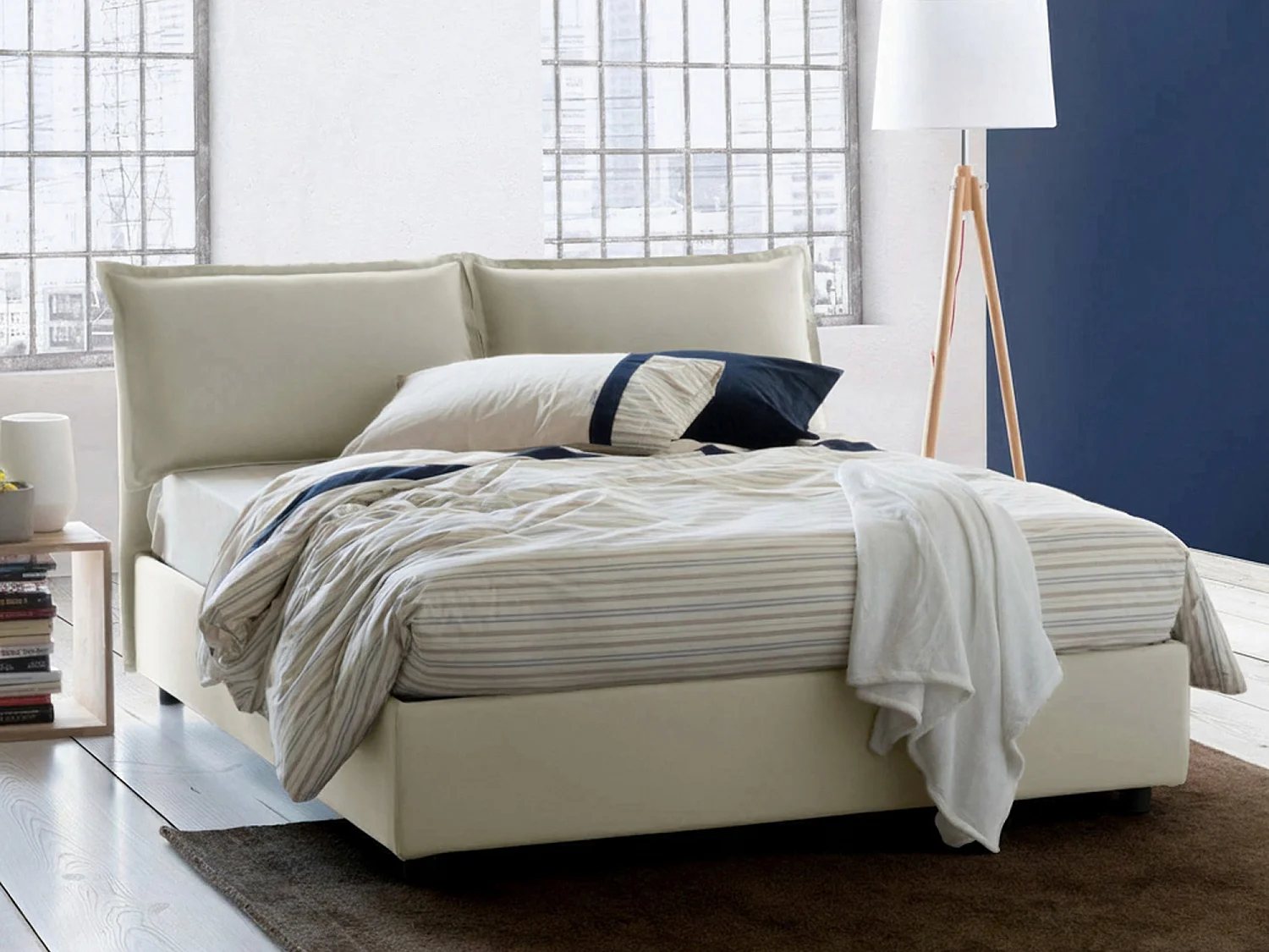 Letto matrimoniale Antonia, Letto contenitore con rivestimento in tessuto, 100% Made in Italy, Apertura frontale, adatto per materasso Cm 160x200, Beige